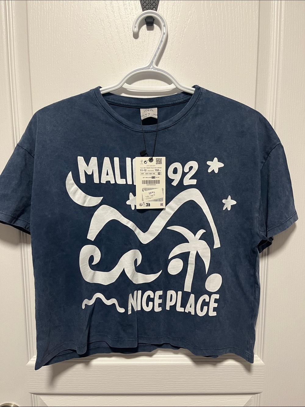 Zara Navy Blue Graphic Tee with White Malibu 92 Print